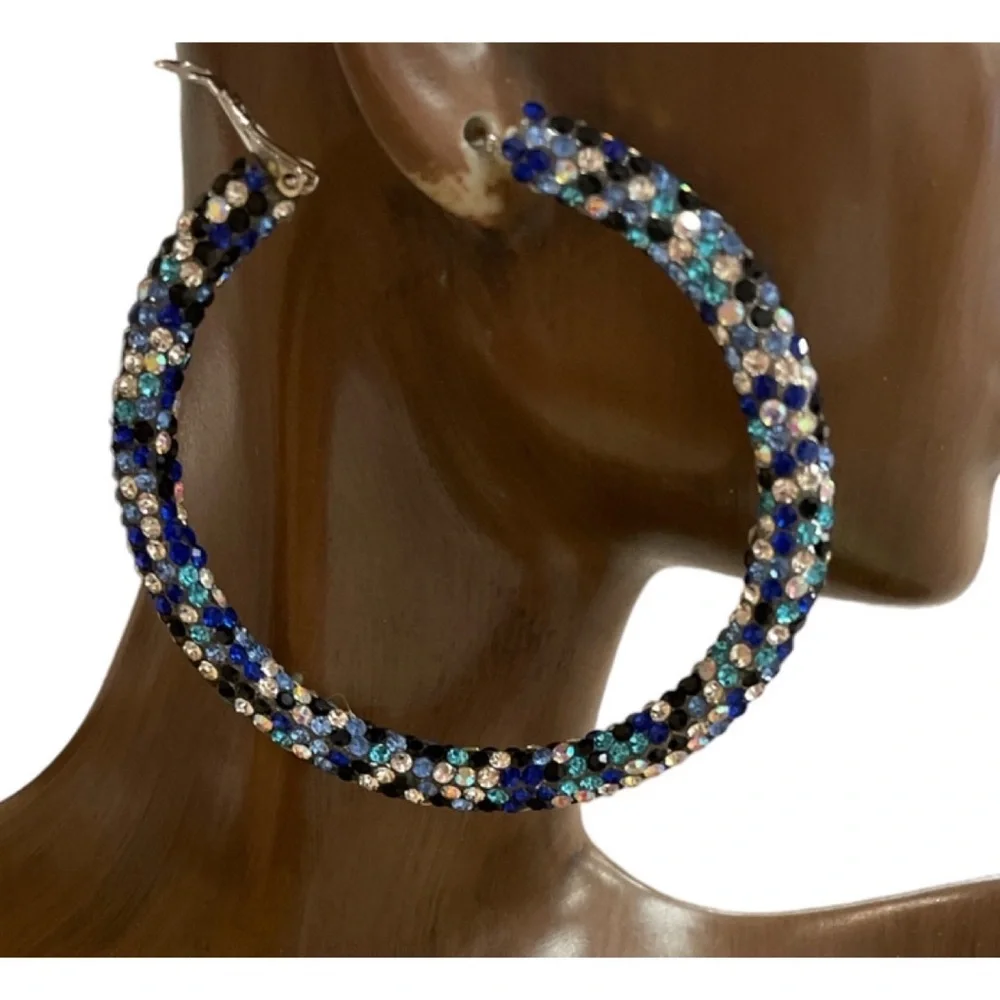 Blue Pave Rhinestone Hoop Earrings